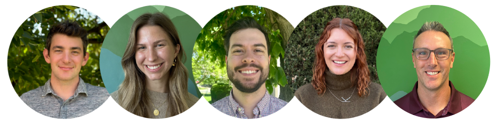 Five smiling individuals in circular frames, surrounded by greenery.