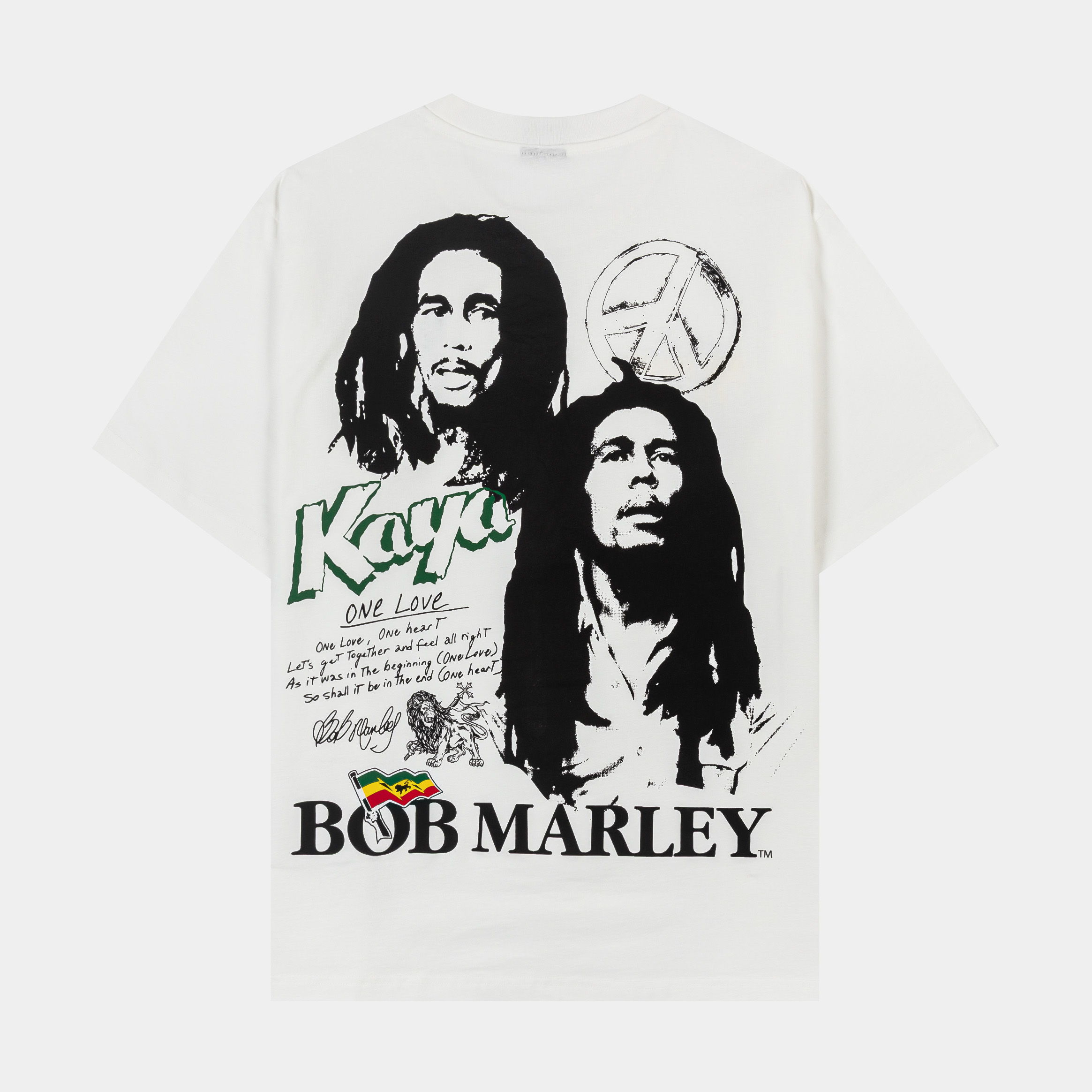 White graphic t-shirt with prints and patches on the front.