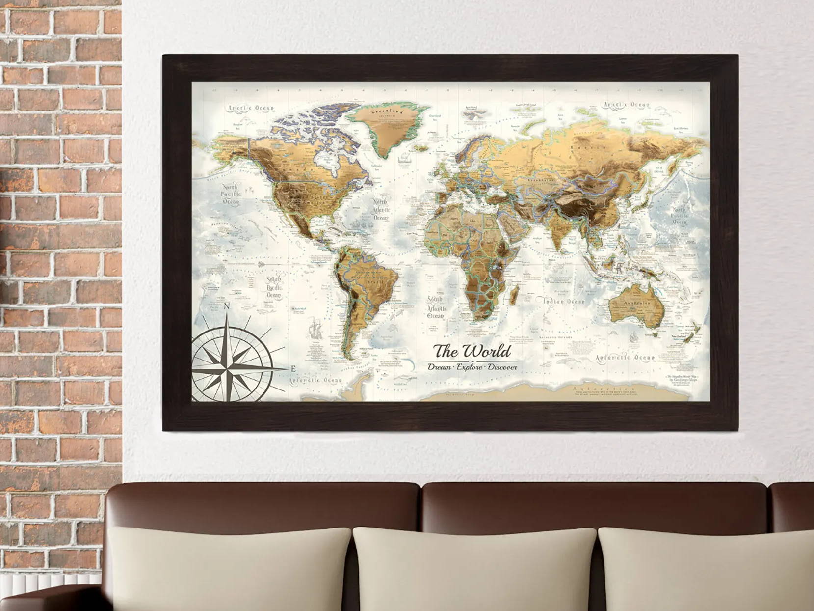 framed gold world pin map