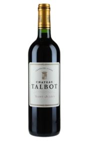 A bottle of Chateau Talbot red wine with a gold cap.