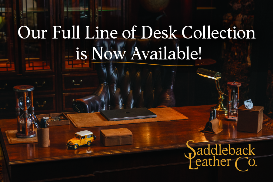 Desk collection advertisement with text and a wooden desk setup.