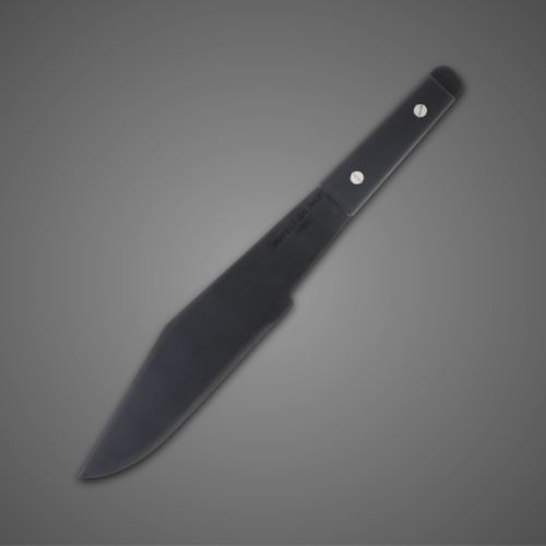 A black kitchen knife on a gray background.