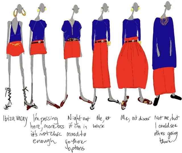 Fashion illustrations showing various outfits with blue tops and red skirts.