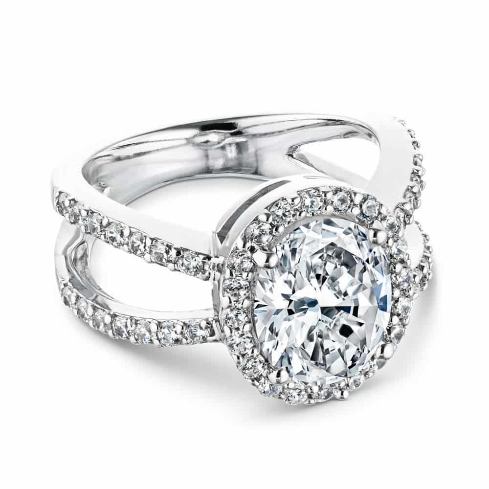 diamond accented engagement ring Shown with a 1.0ct Round cut Lab-Grown Diamond with diamond accented halo and split shank in recycled 14K white gold