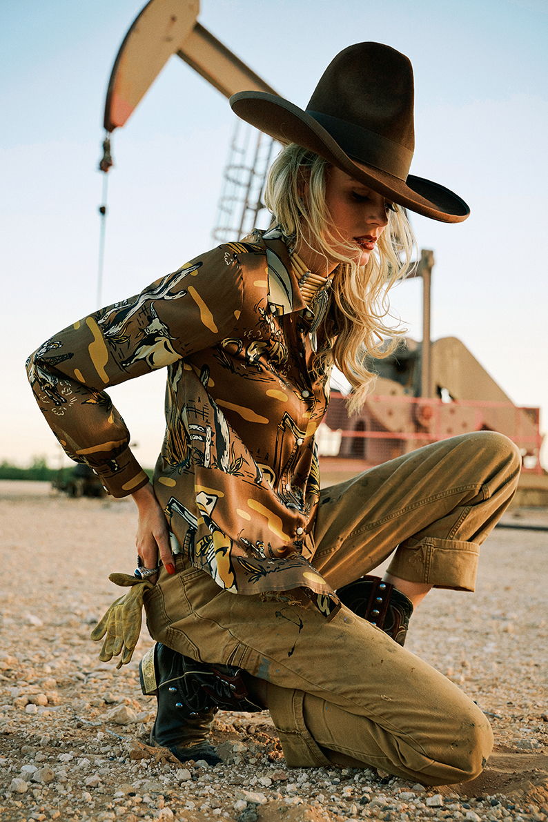 Haley wearing the Oil Camp Silk Blouse with Double D Ranch jewelry and accessories.