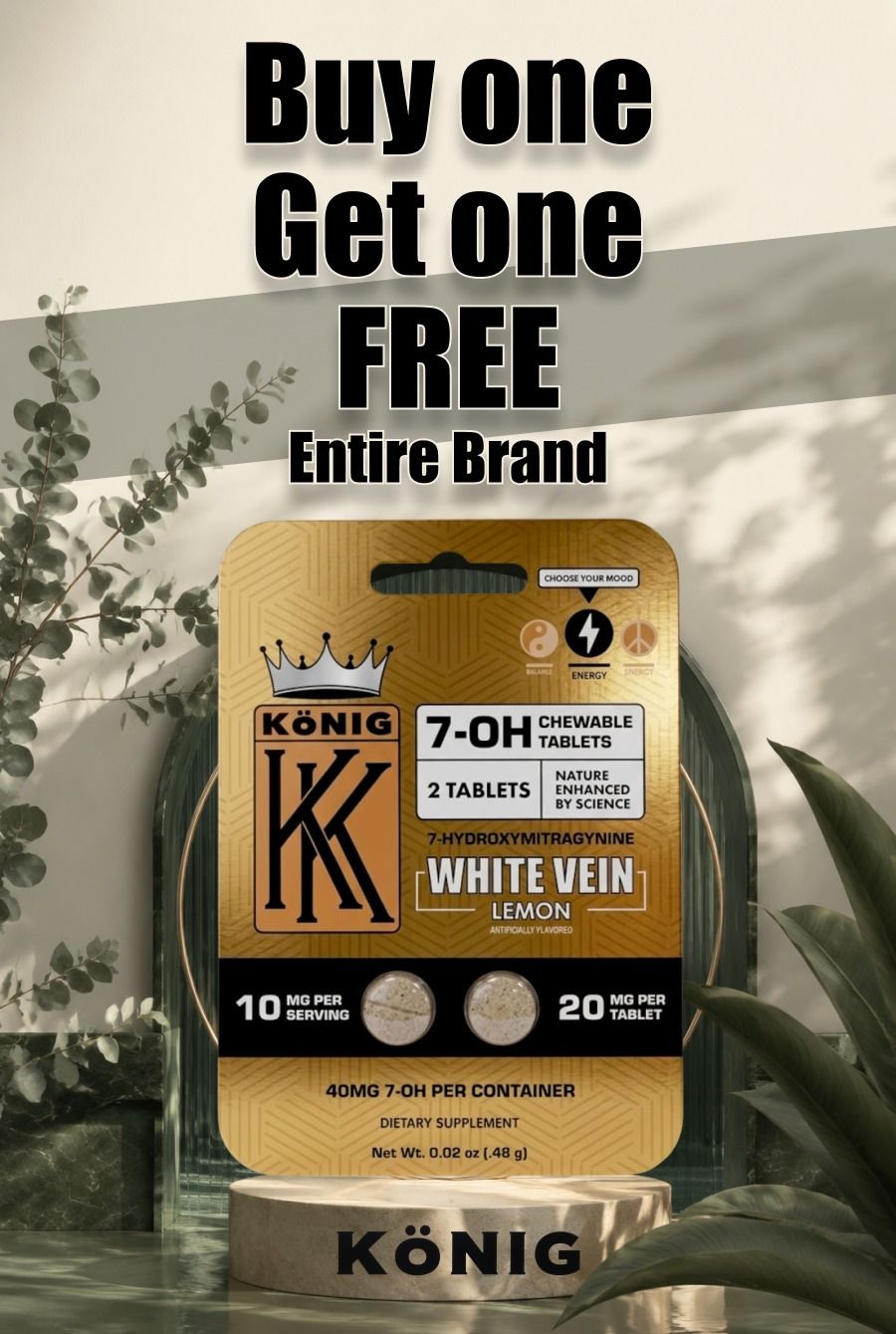 Promotional packaging for König tablets with a buy one, get one free offer.