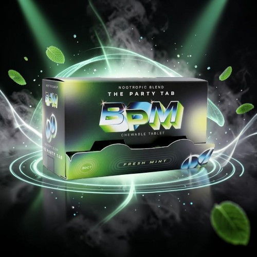 Box of BPM energy drink with vibrant graphics and effects.