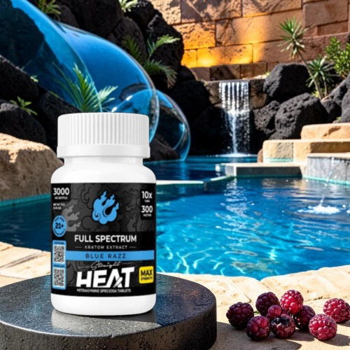 Bottle of HEAT supplement by a pool with a waterfall in the background.