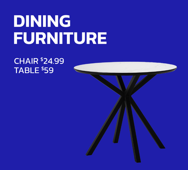 Dining furniture advertisement featuring a chair and table with prices.