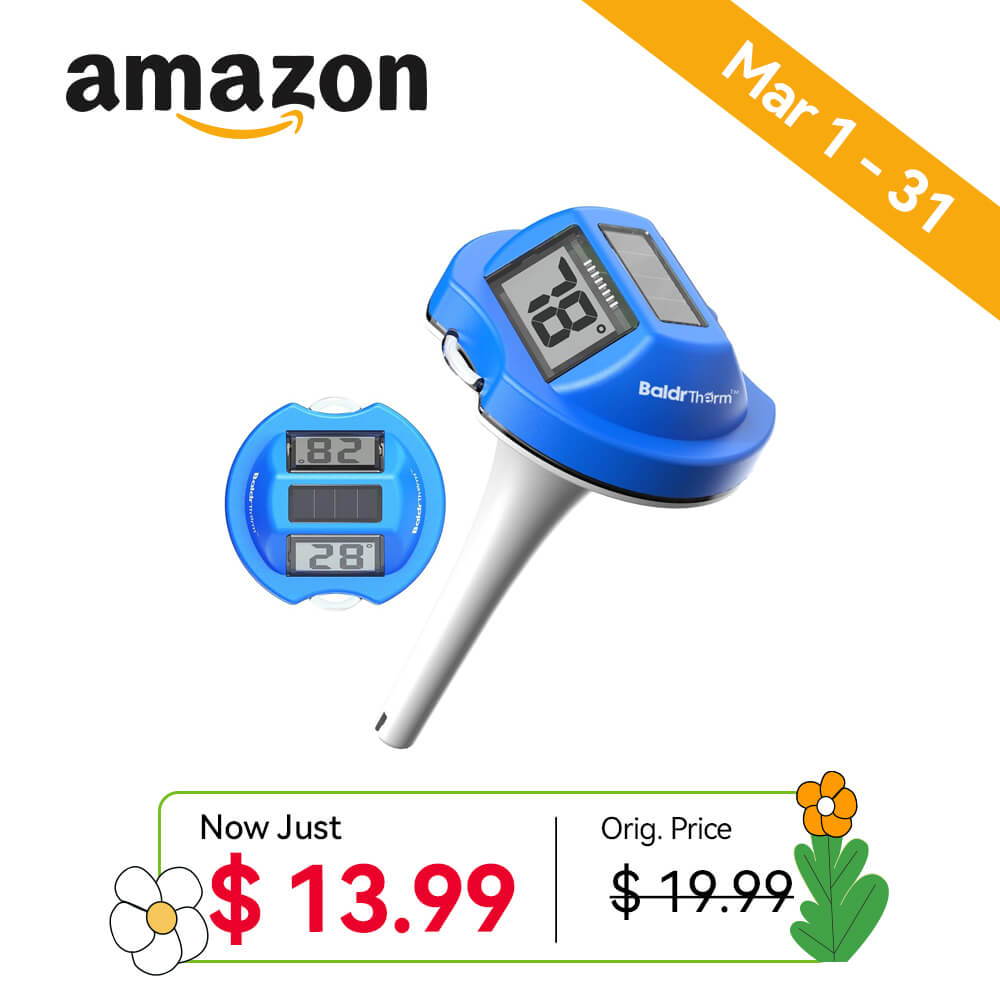 Digital thermometer promotion with price details and Amazon branding.