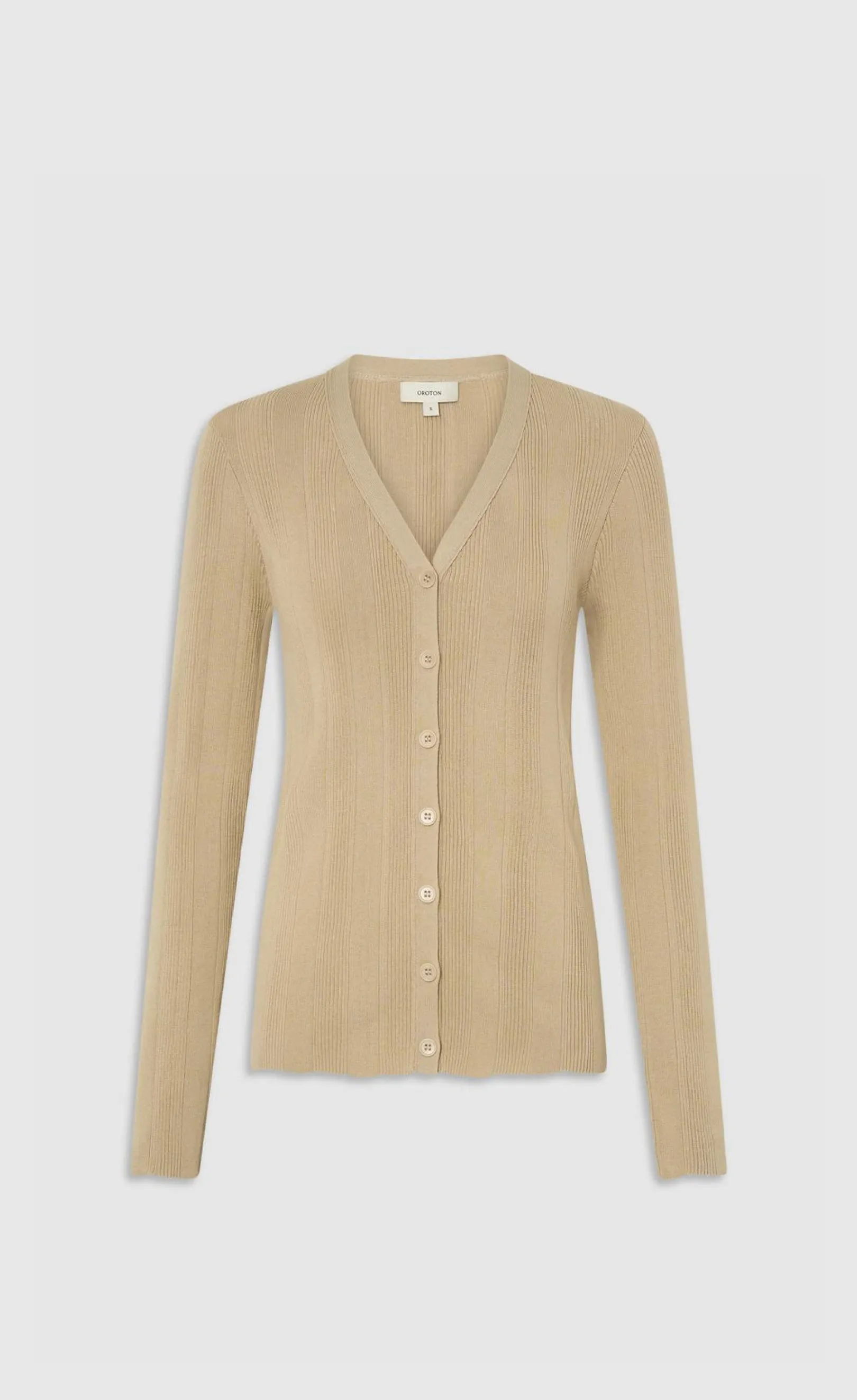 Beige cardigan with a V-neck and button closure.