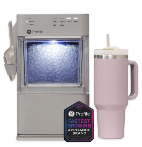 Gray countertop appliance next to a pink tumbler and a promotional badge.