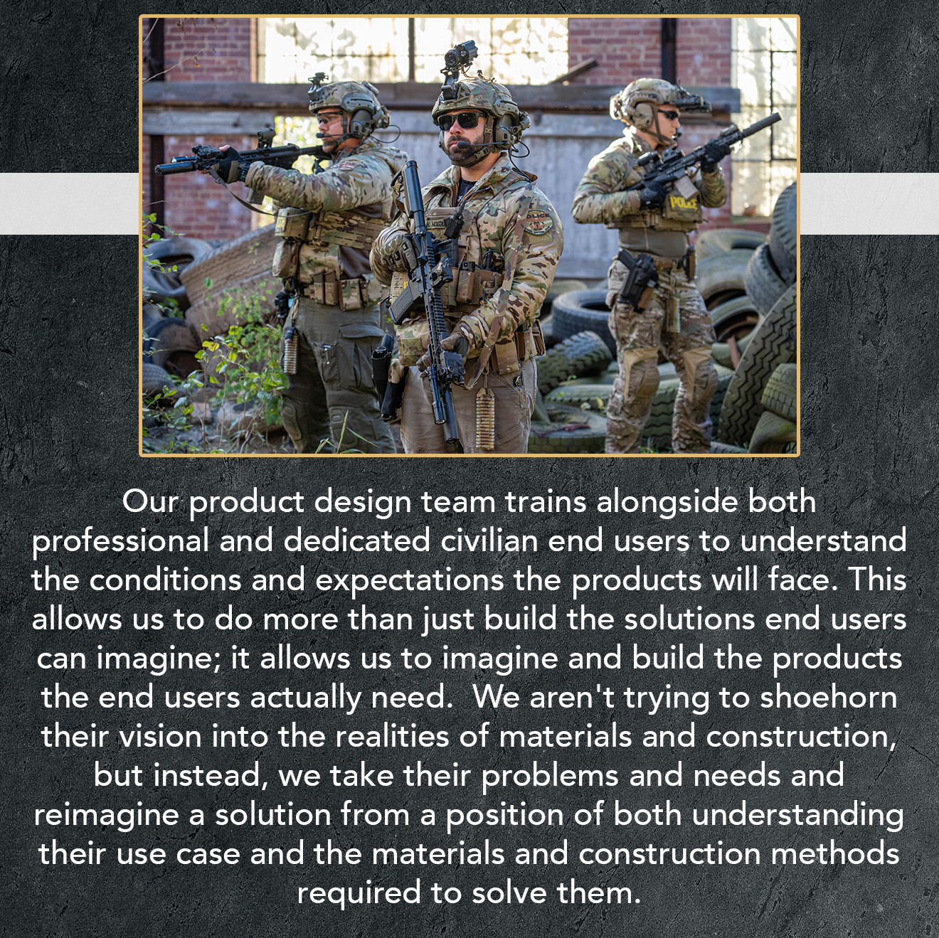 Military personnel in tactical gear discussing product design and construction methods.