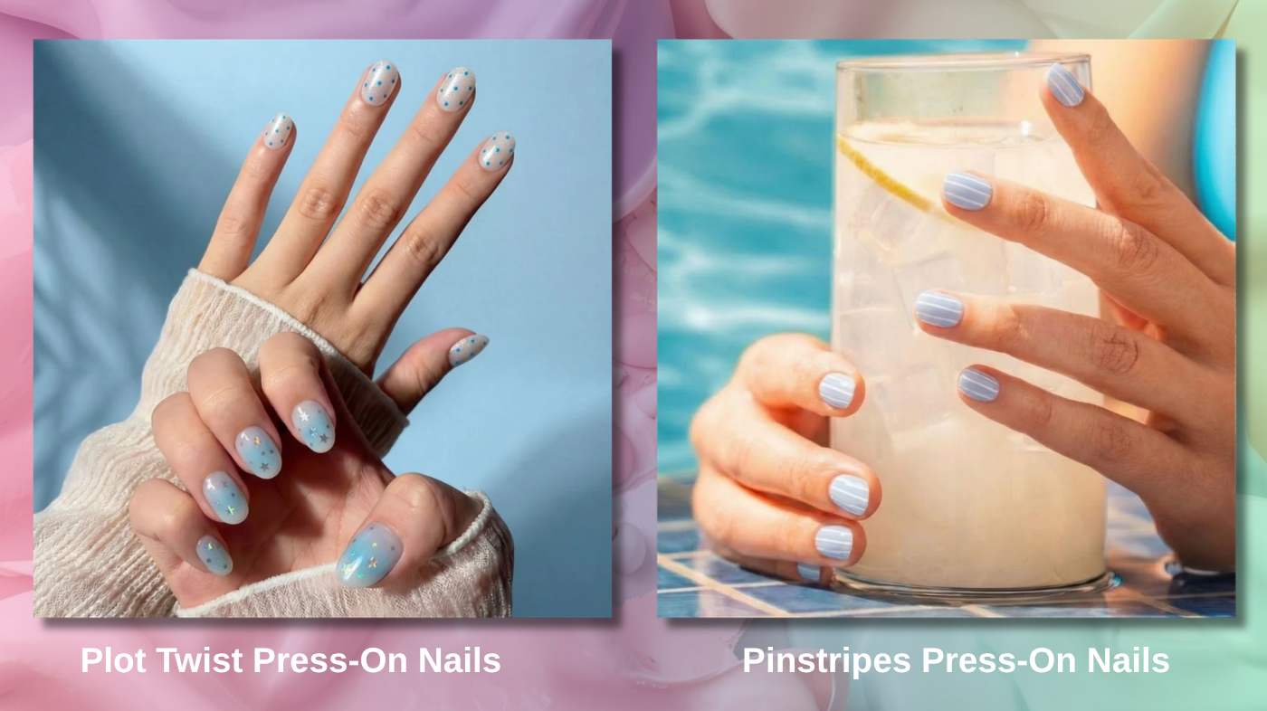 Baby blue pastel manicure using EyeCandys Plot Twist and Pinstripes press-on nails for soft sky blue aesthetic nail look