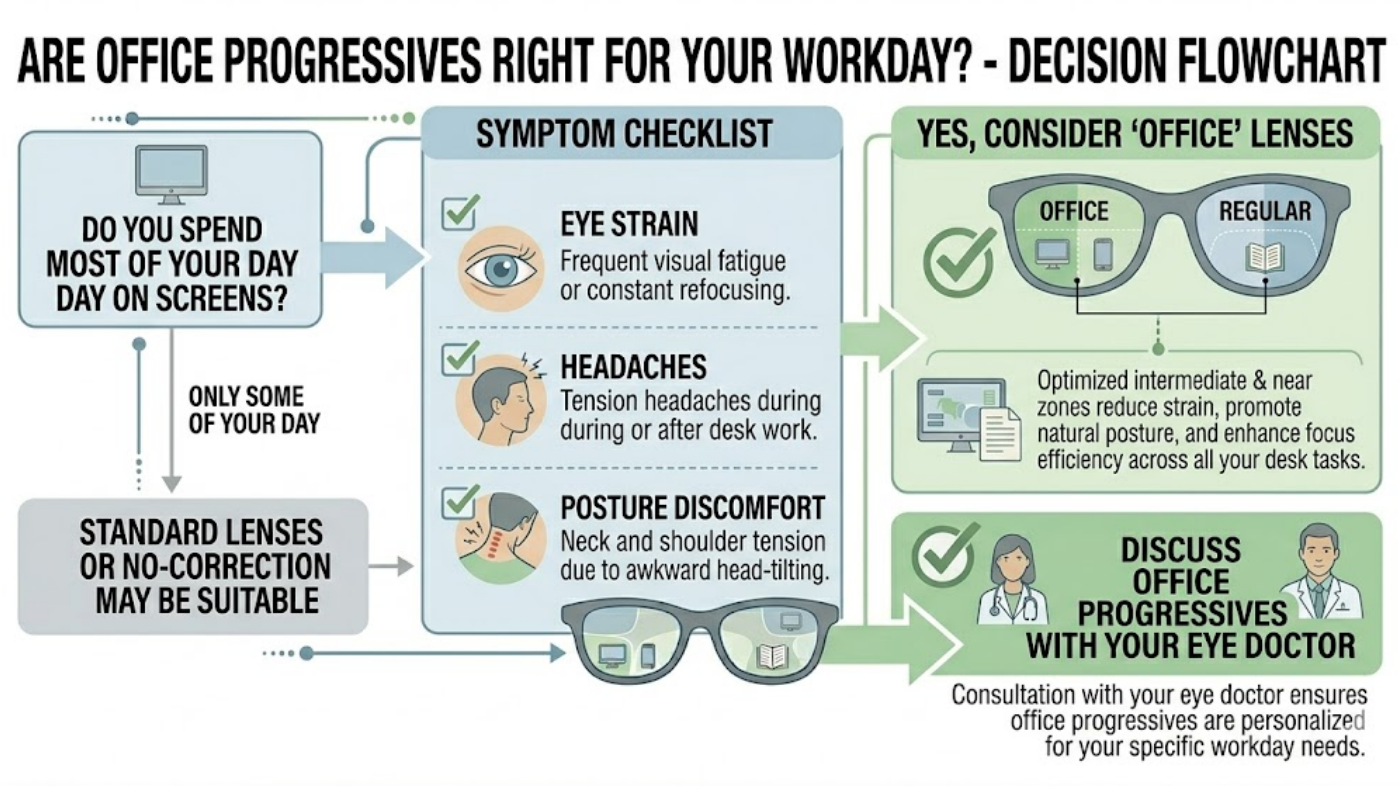 Flowchart helping readers decide whether office progressive lenses are suitable for digital-heavy workdays.