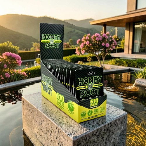 Display of Honey Root product boxes beside a serene outdoor setting.
