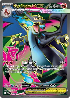 pokemon tcg sets in order - Card featuring Mega Charizard X with vibrant colors and attack details.