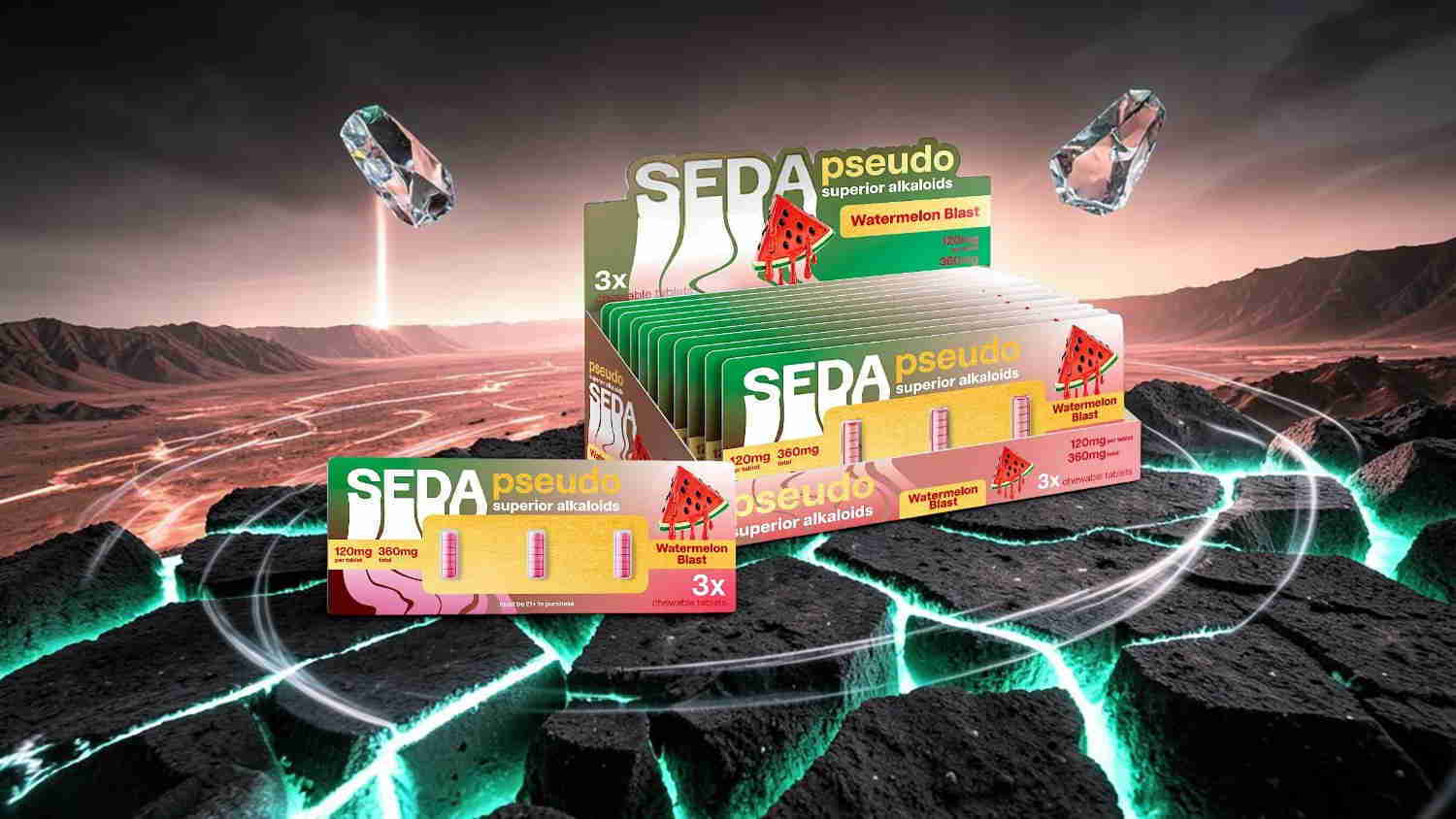 Boxes of SEDA products displayed in a futuristic landscape.