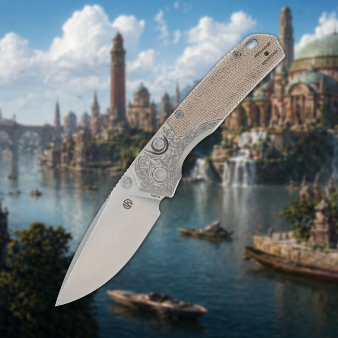 A folding knife against a scenic river and city backdrop.
