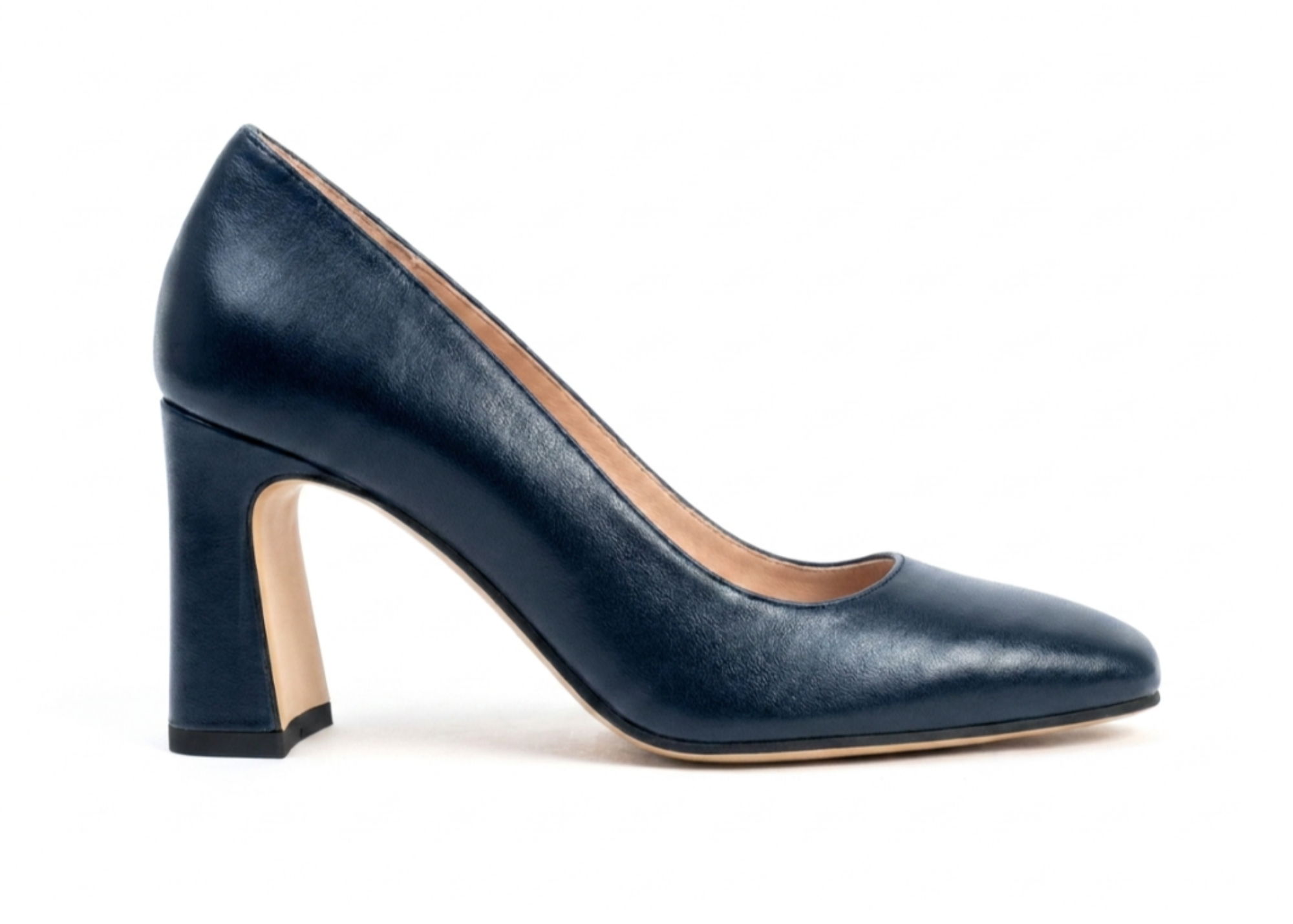 Navy blue high-heeled shoe with a chunky heel.