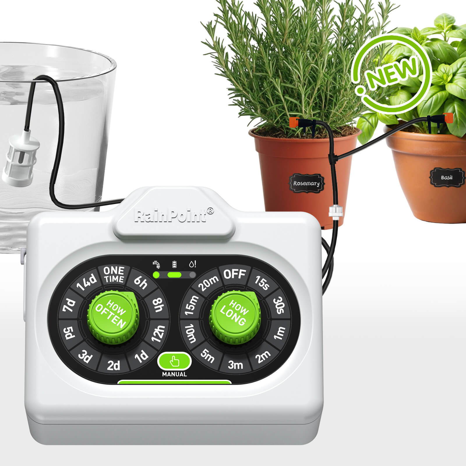 Irrigation timer connected to plant pots and water reservoir.