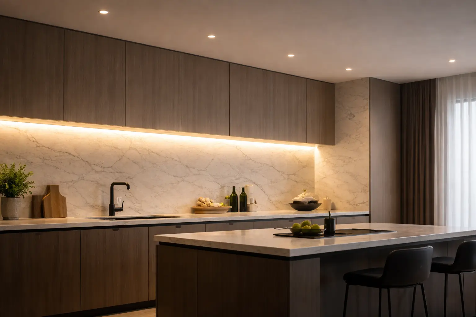 Illuminazione con strisce LED professionali integrate sotto pensili cucina moderna