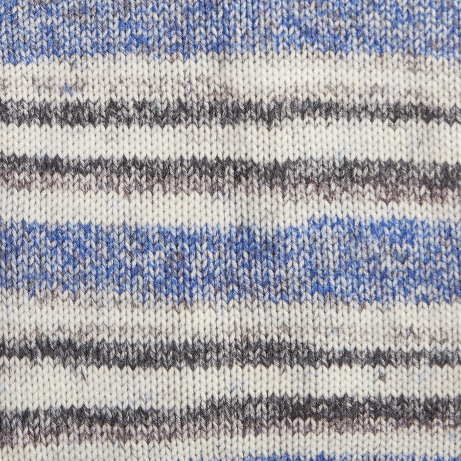 Knitted fabric with horizontal stripes in blue, gray, and white colors.
