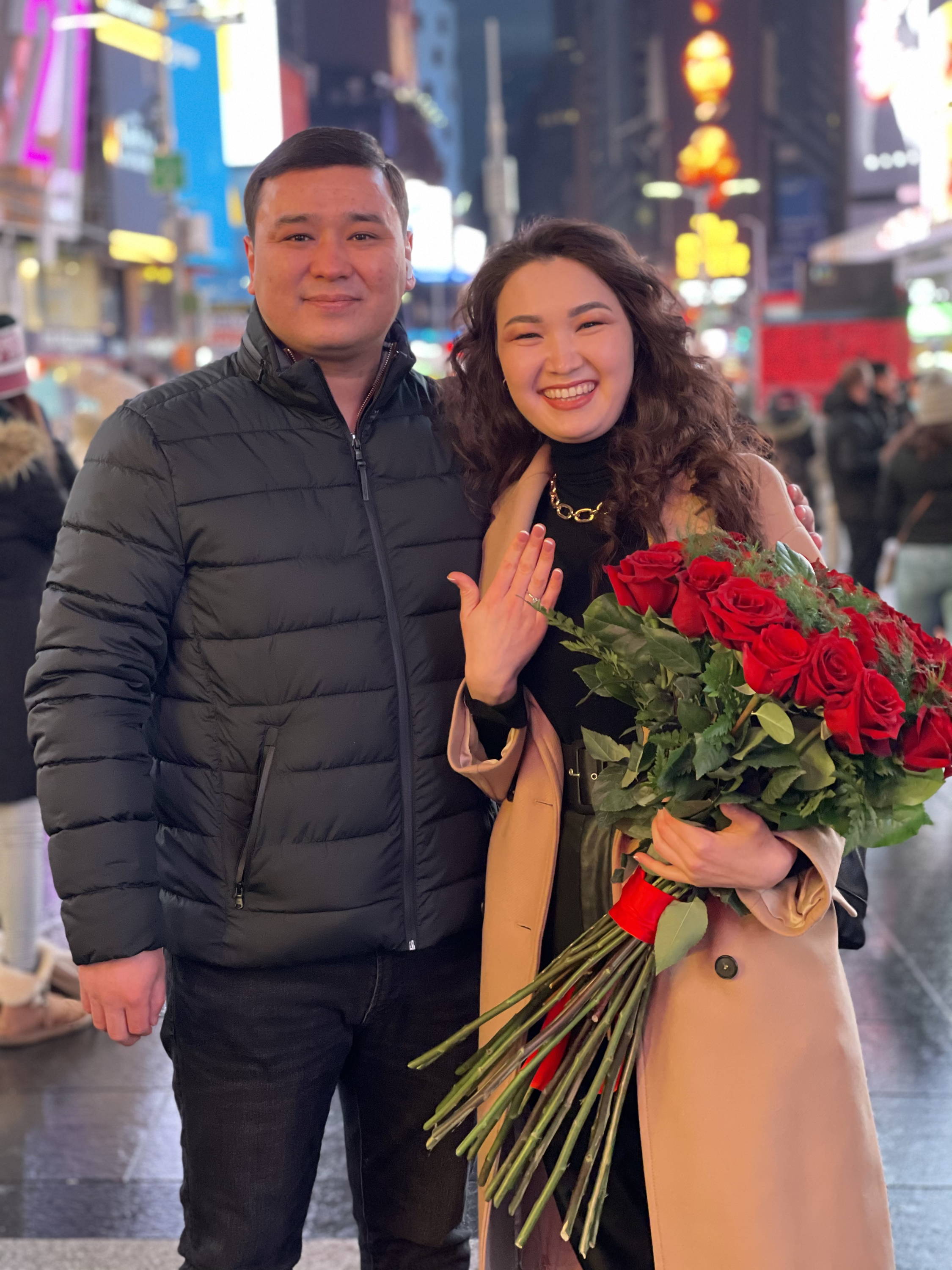 Henne Engagement Ring Couple Daniyar & Elmira Show Off Engagement Ring in Times Square