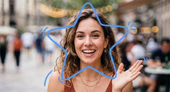 Smiling person waving, outlined in a blue star, in a lively outdoor setting.