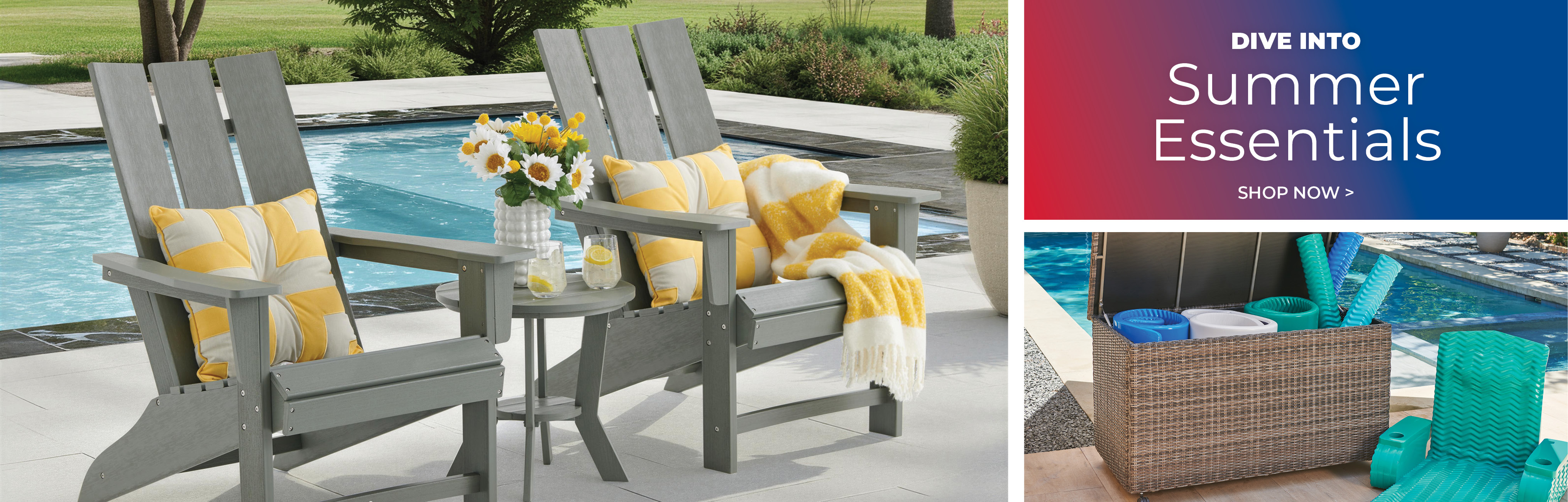 Two outdoor chairs by a pool with summer essentials promotional text.