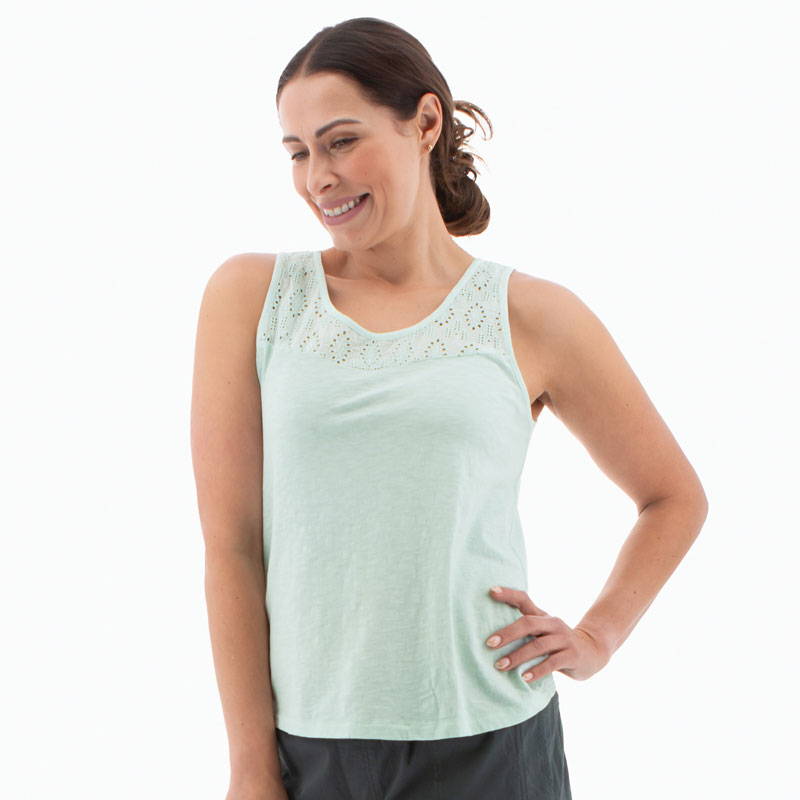 Detail view of Seychelle Tank Top in light green color.