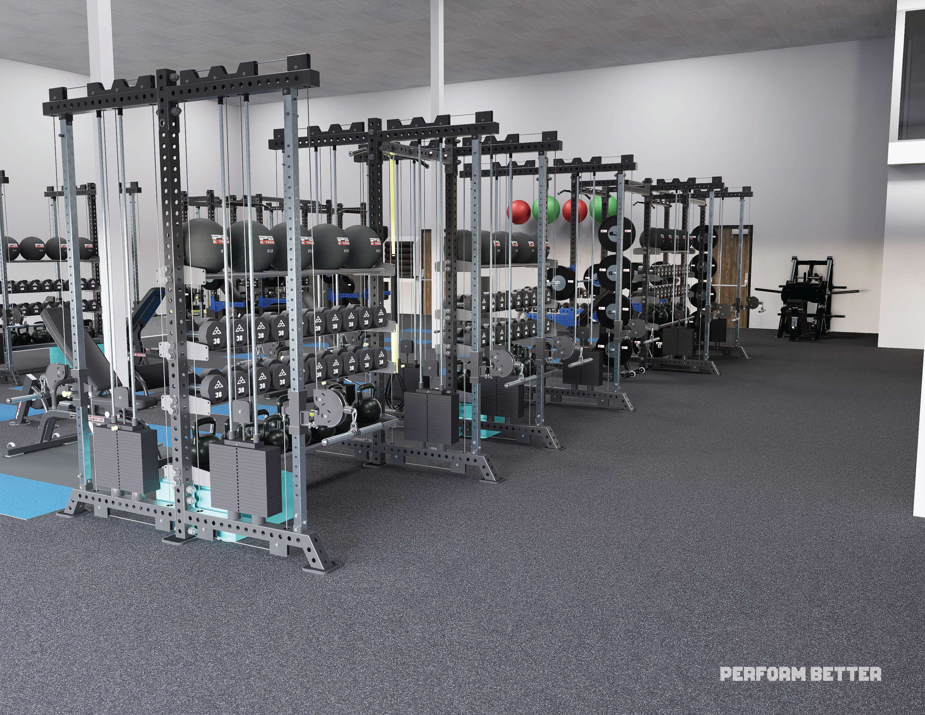 Gym interior with various weightlifting equipment and exercise machines.