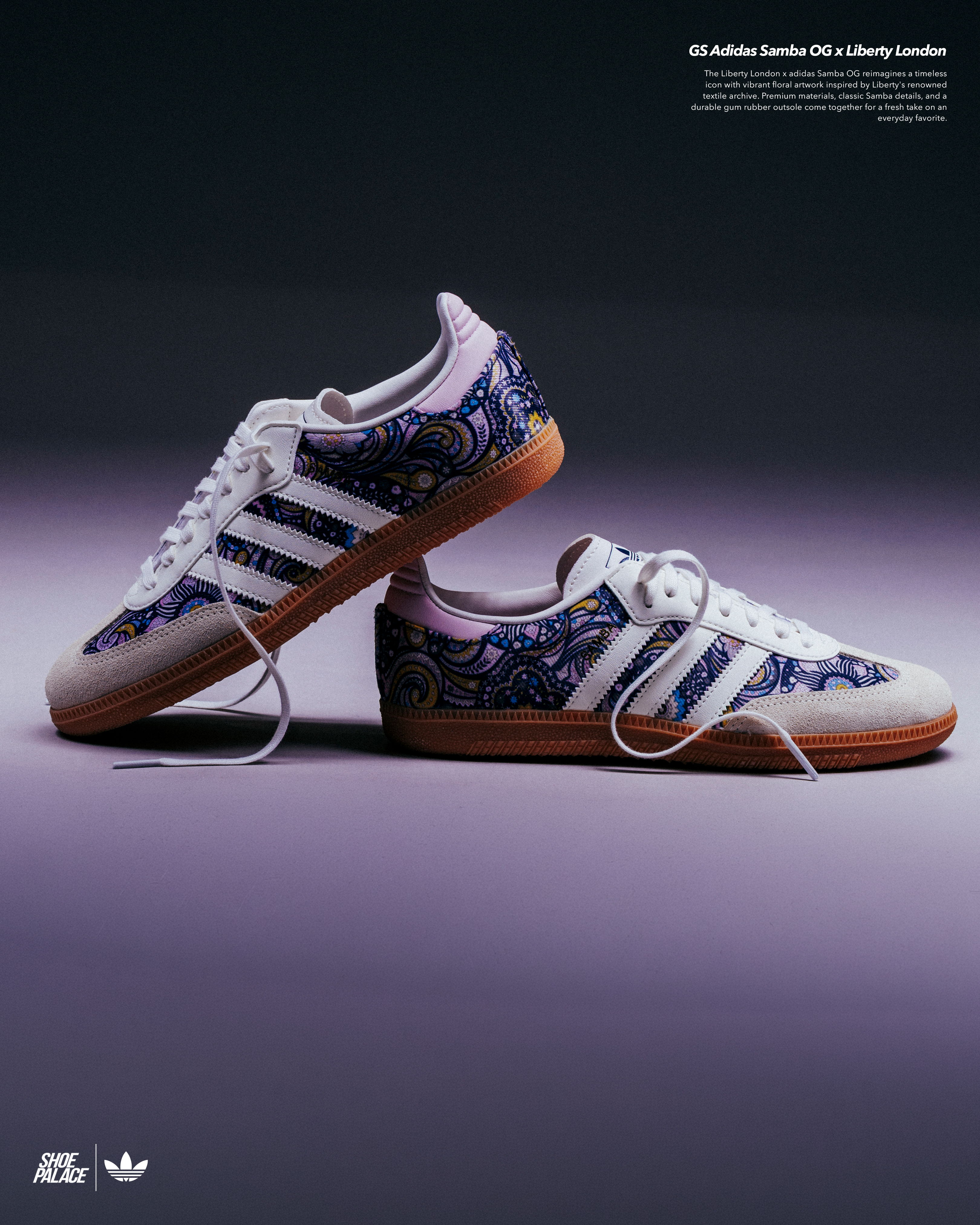 Two pairs of Adidas sneakers displayed against a gradient background.