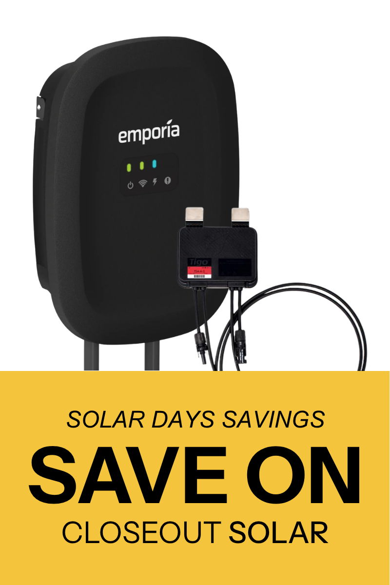 Emporia EV charger with cables and promotional text for solar days closeout savings.