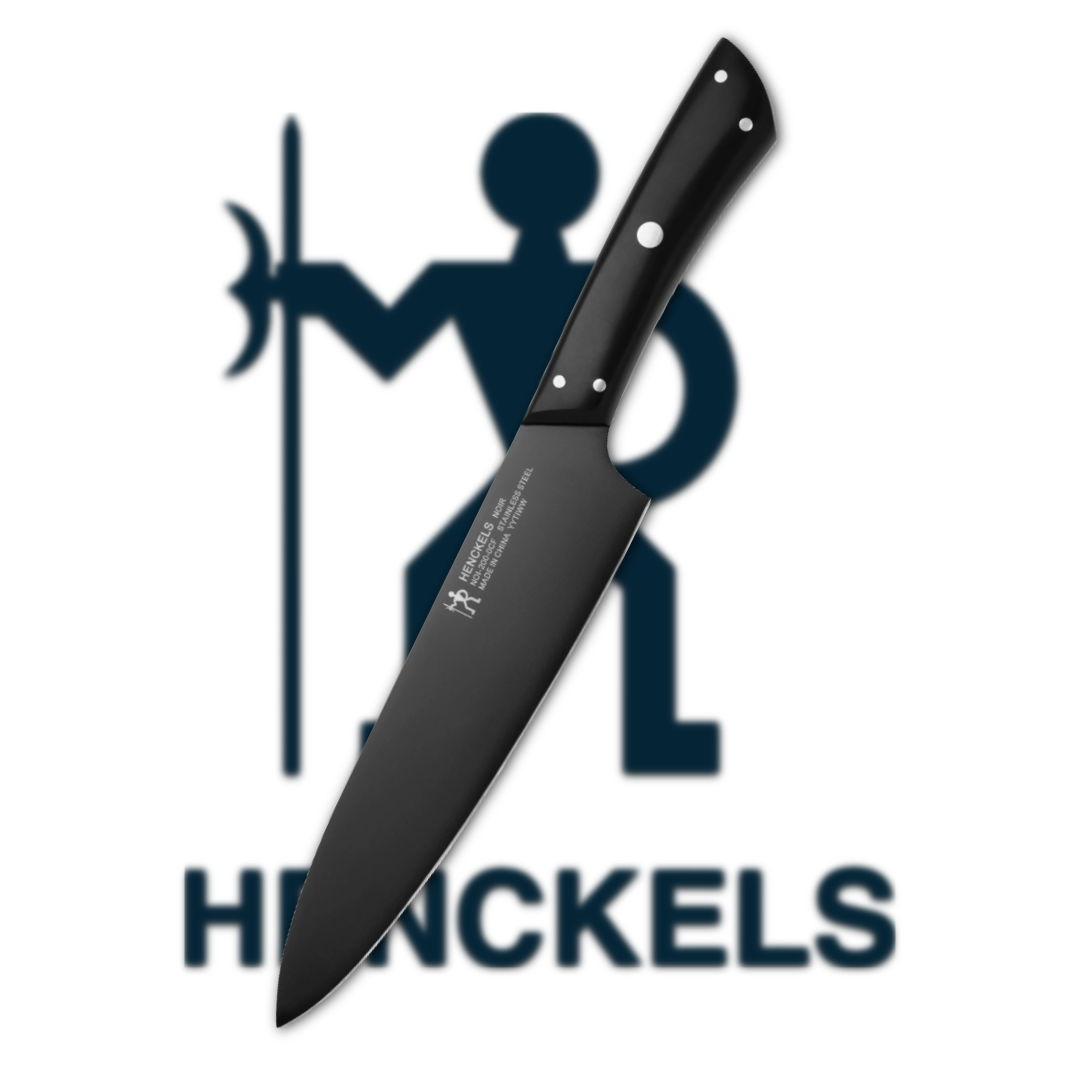 Black knife with logo of Henckels brand.