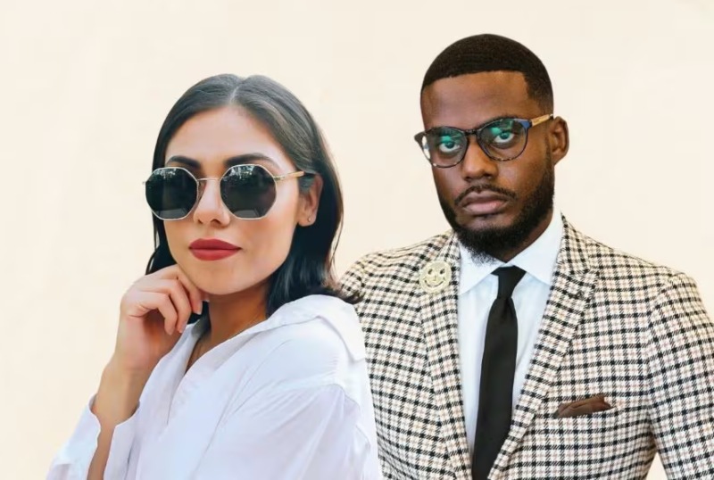 man and women featuring Kraywoods eyeglasses and sunglasses frames on an off-white background