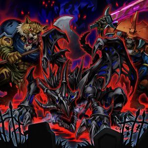 yugioh maze of muertos card list - A dramatic fantasy scene featuring warriors battling a dark creature in a graveyard.