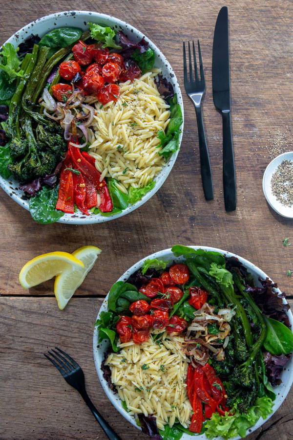 Mixed greens and roasted vegetable orzo bowl recipe