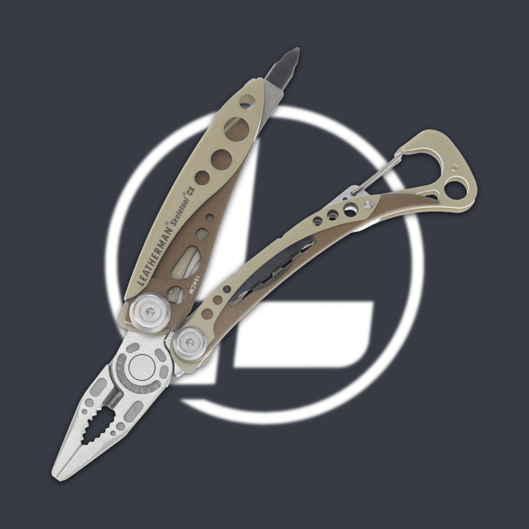 Multi-tool pliers on a dark background with a circular logo.