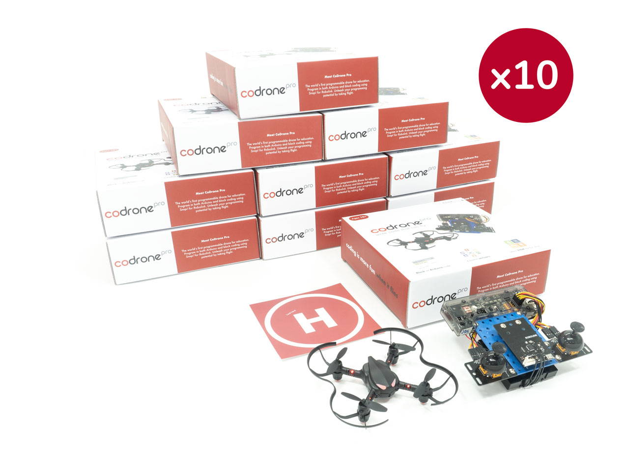 CoDrone Pro classroom set of 10 drones, with a buildable and programmable controller. The drone can be coded in Python, Blockly, and Arduino.