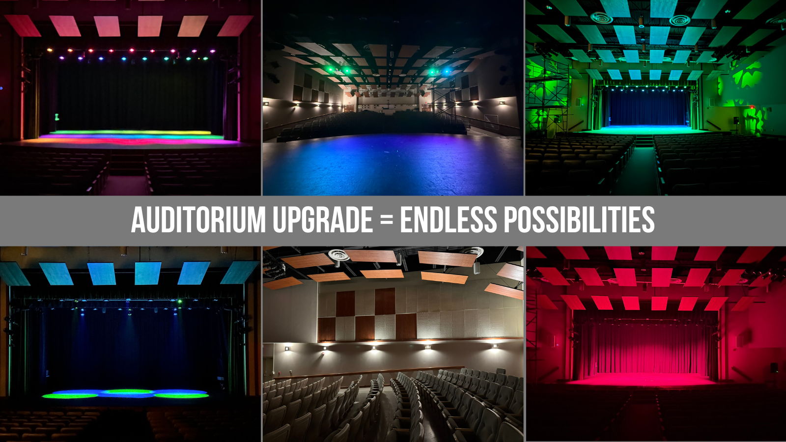 High School Theatre Auditorium switch to LED fixtures, LED house lights and dimming and controls upgrade.