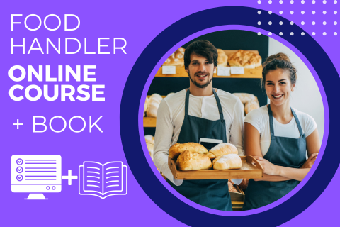 Food handler online course with book, featuring two smiling individuals and baked goods.