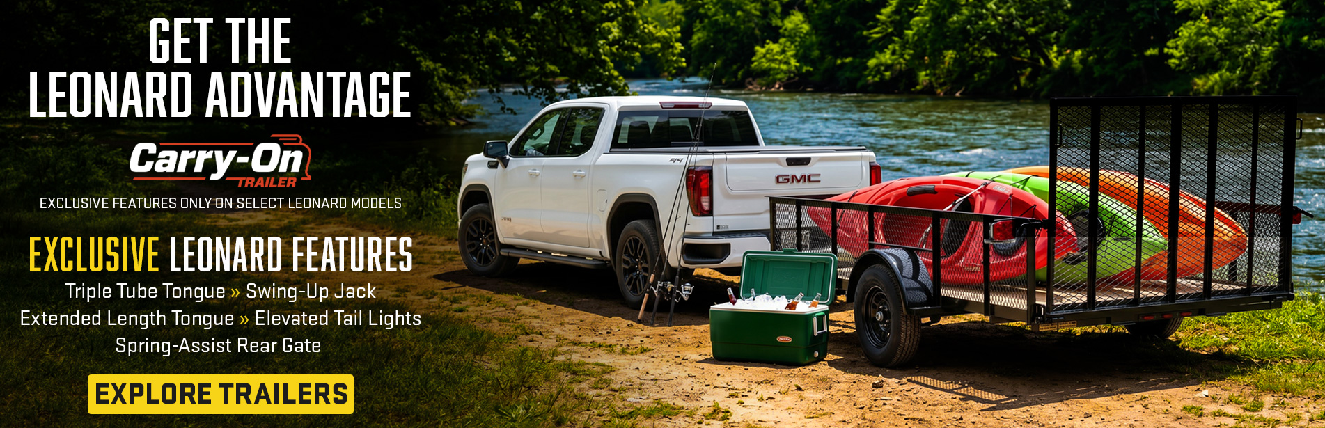 White pickup truck with kayak trailer by a river, promoting Leonard features.