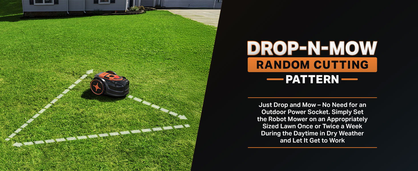 Lawn mower in a triangular cutting pattern on green grass.