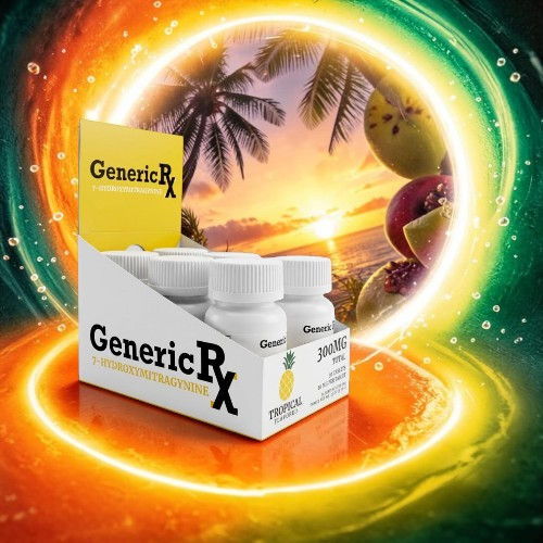 Box of GenericRX bottles with a tropical sunset background.
