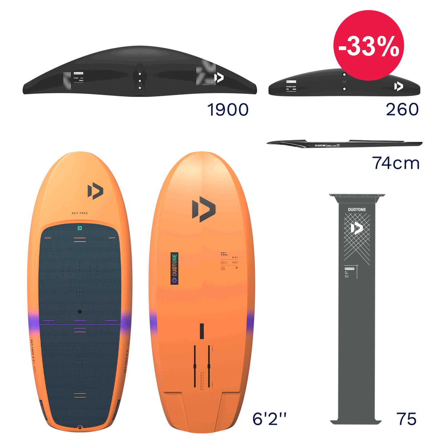 Product image of a surfboard with dimensions and discount label.