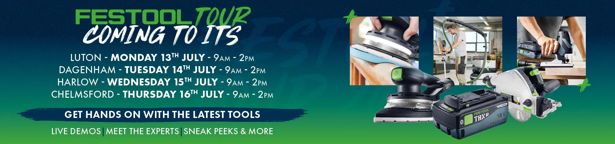 Festool Tour event dates and promotional details with tools images.