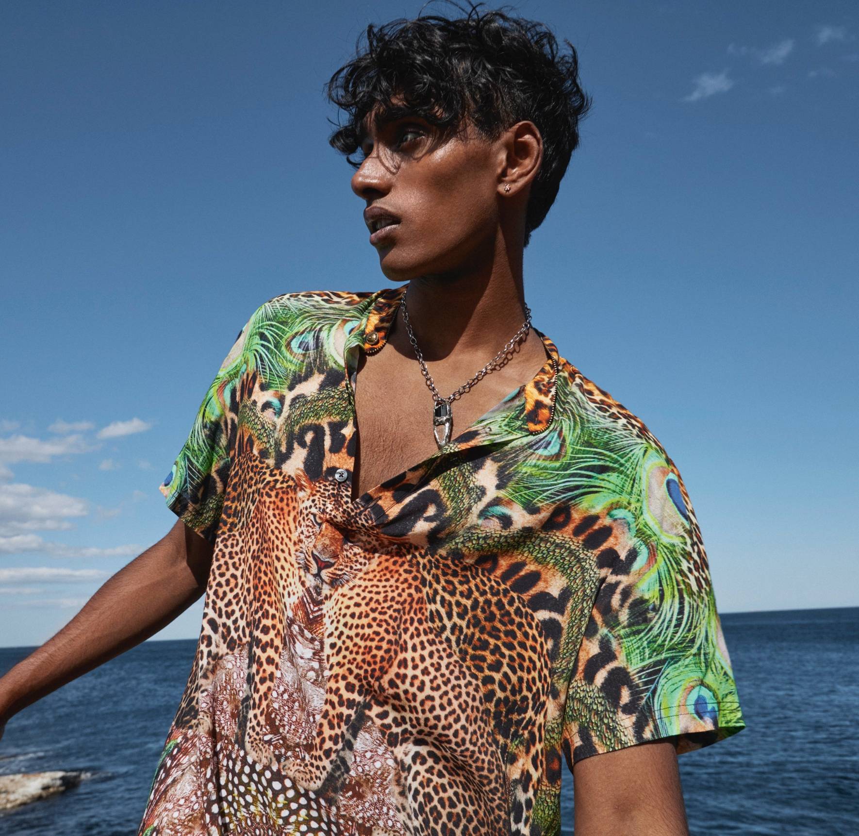 CAMILLA new season mens leopard print and green peacock feather printed shirt