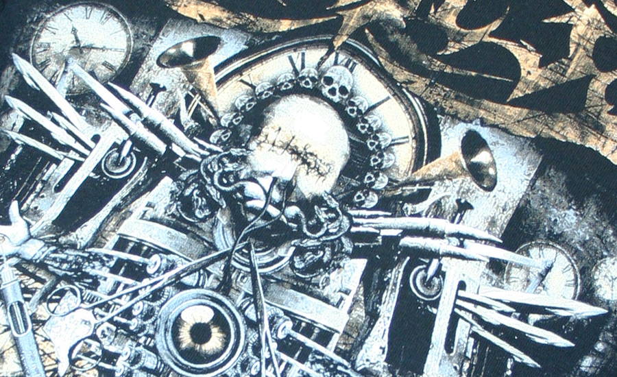 A detailed close up crop of an index screen printed distressed style band tshirt graphic. The image shows a biomechanical steam punk style clock with a human face surroudned with small skulls, and various mechanical and medical eqiupment elements intertwined with dissected human parts. The grungy distrssed texture is acheived with grey, blue, and brown tones and blends both on and off base, and white highlight areas.