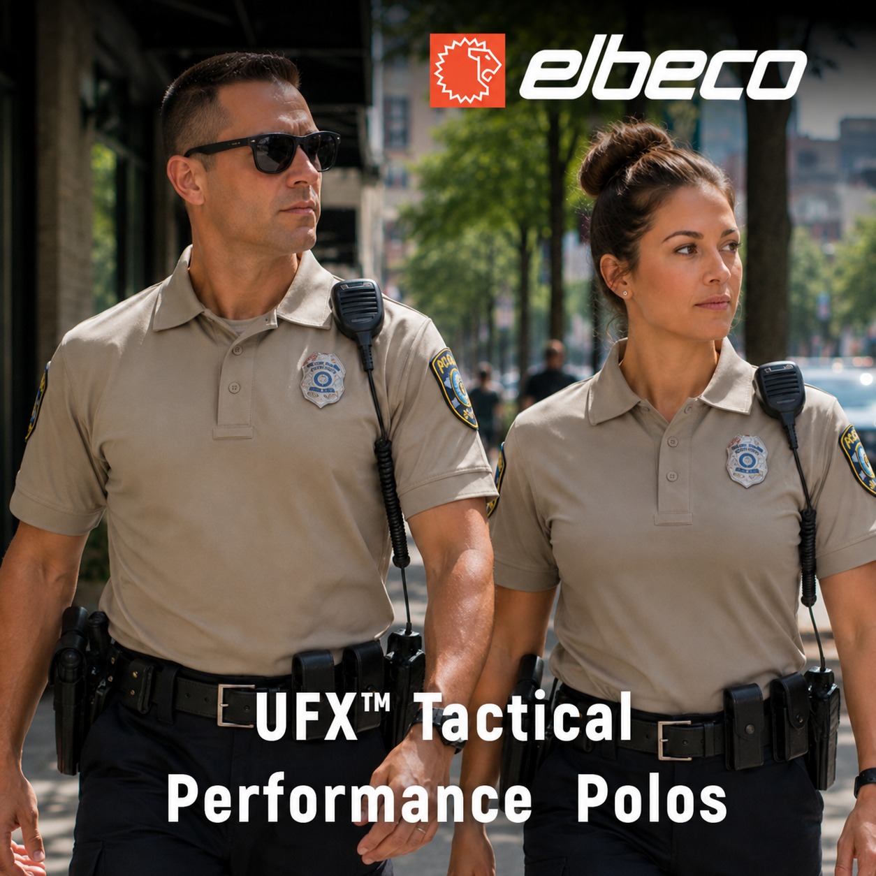 Two police officers wearing tactical polos in an urban setting.